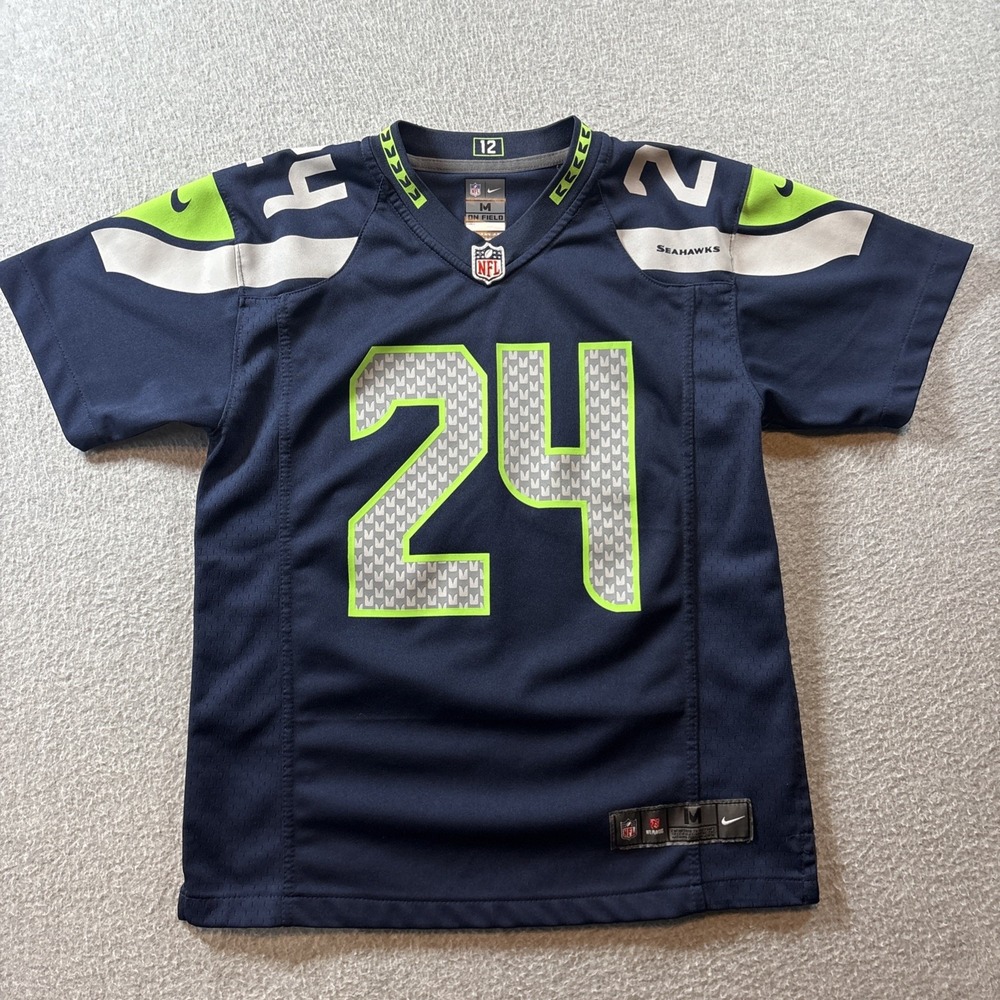 Seattle Seahawks Jersey Boys Sz M Blue #24 Marshawn Lynch On Field Football Nike
